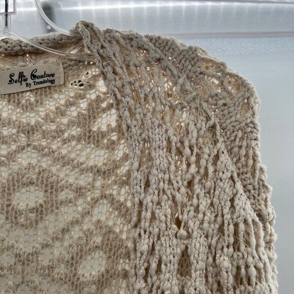 Selfie Couture Open Crochet Knit Cardigan Open Front Cream Size XS/S Pockets - Picture 3 of 9